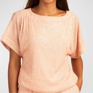 Trina Turk Sprite 2 Short-Sleeve Sequin Top Blush Pink Blouse $248 NWT